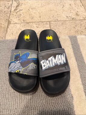 Batman Black and Gray Kids' Slide Sandals with Yellow and Blue Accents